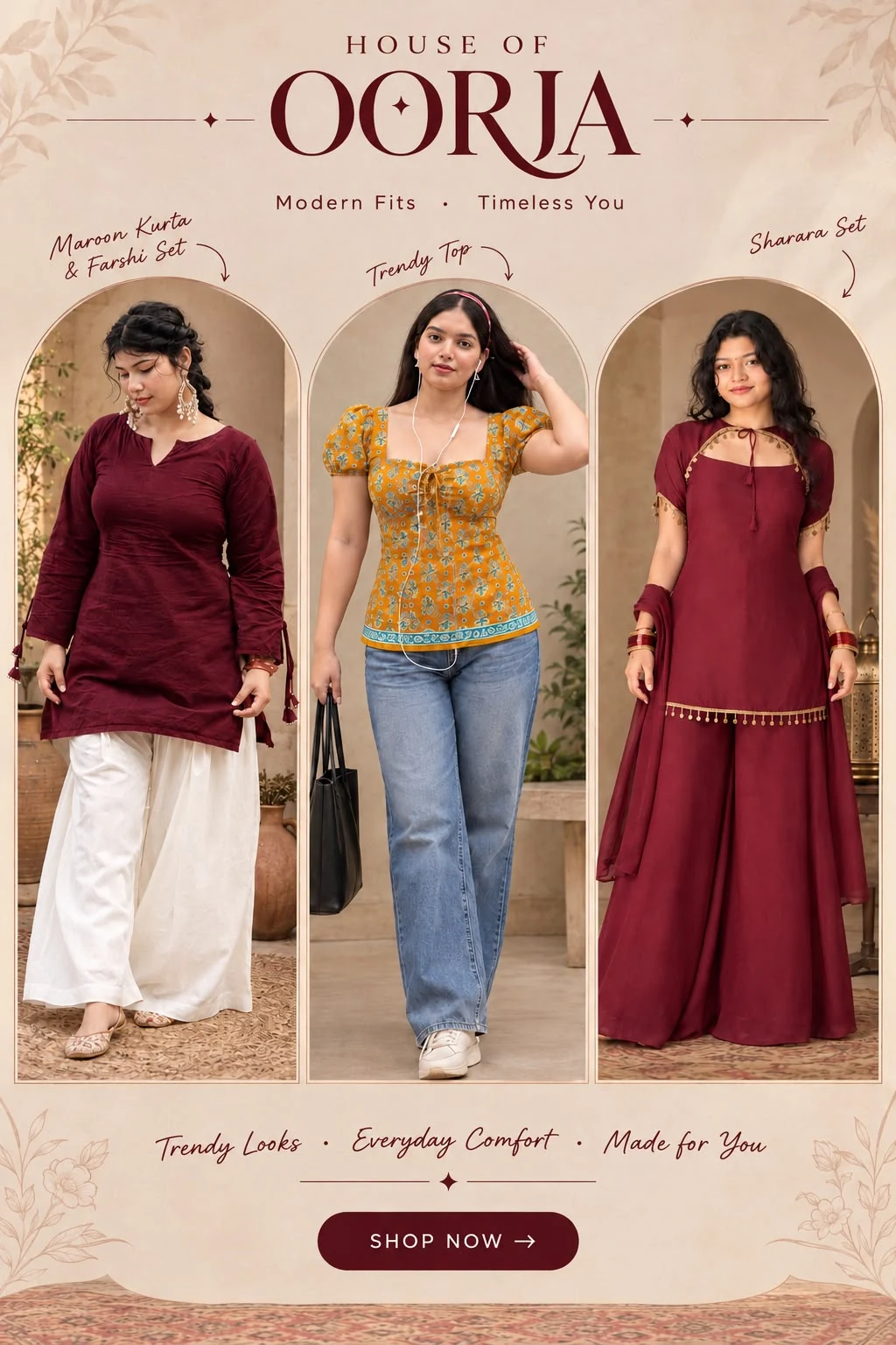House of Oorja — Modern Fits, Timeless You. Maroon Kurta and Farshi Set, Trendy Top, Sharara Set. Shop Now